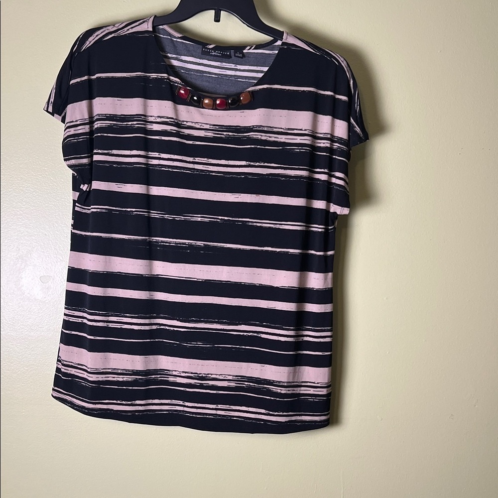 Susan Graver Black and Pink Striped Tee with Beaded Neckline
